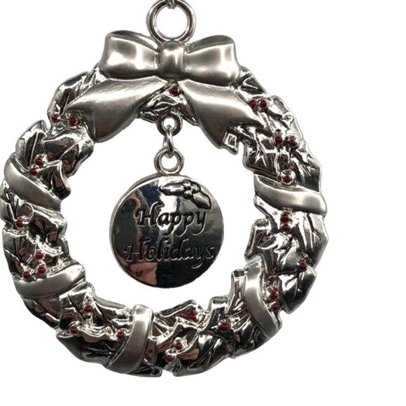Ganz Pewter Wreath Ornament Engravable Red Stones Happy Holidays New Open Packag - Picture 2 of 11